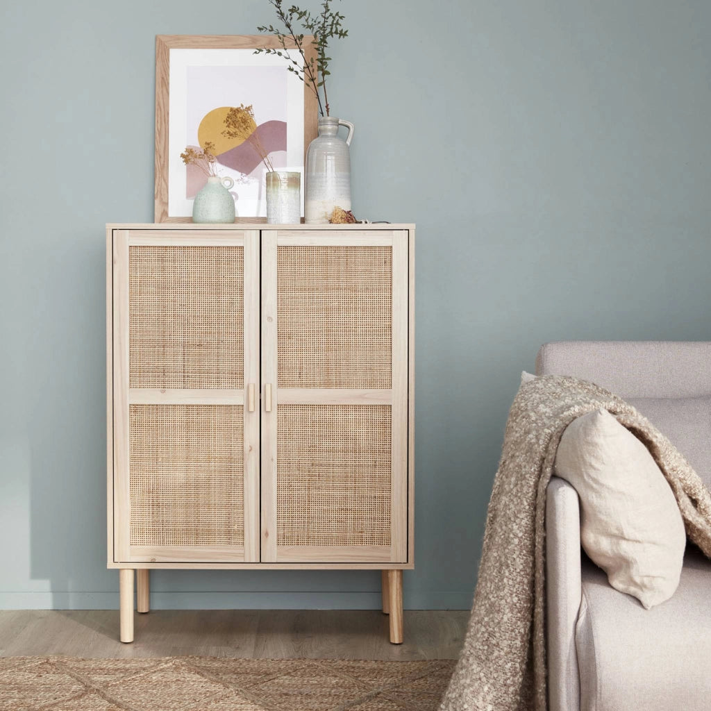 Credenza effetto canna e legno a 2 ante, 80cm, marrone naturale