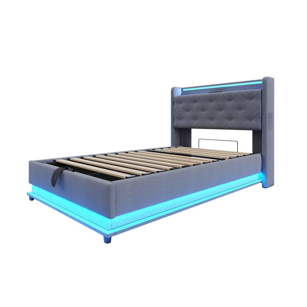 Letto imbottito 90x200 cm con LED, USB, contenitore idraulico e testiera apribile