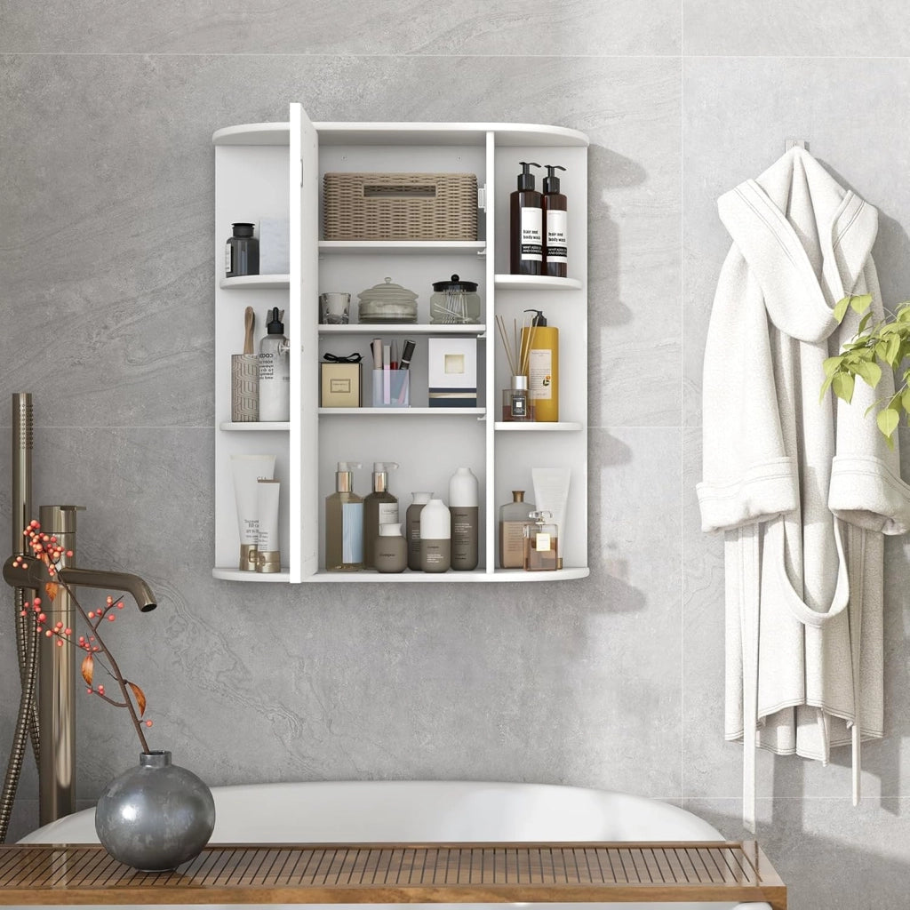 Armadietto Bagno a Parete, Mobiletto Pensile con Ante di Specchio, 6 Scomparti Laterali, 2 Colori Disponibili, 60x16,5x70 cm