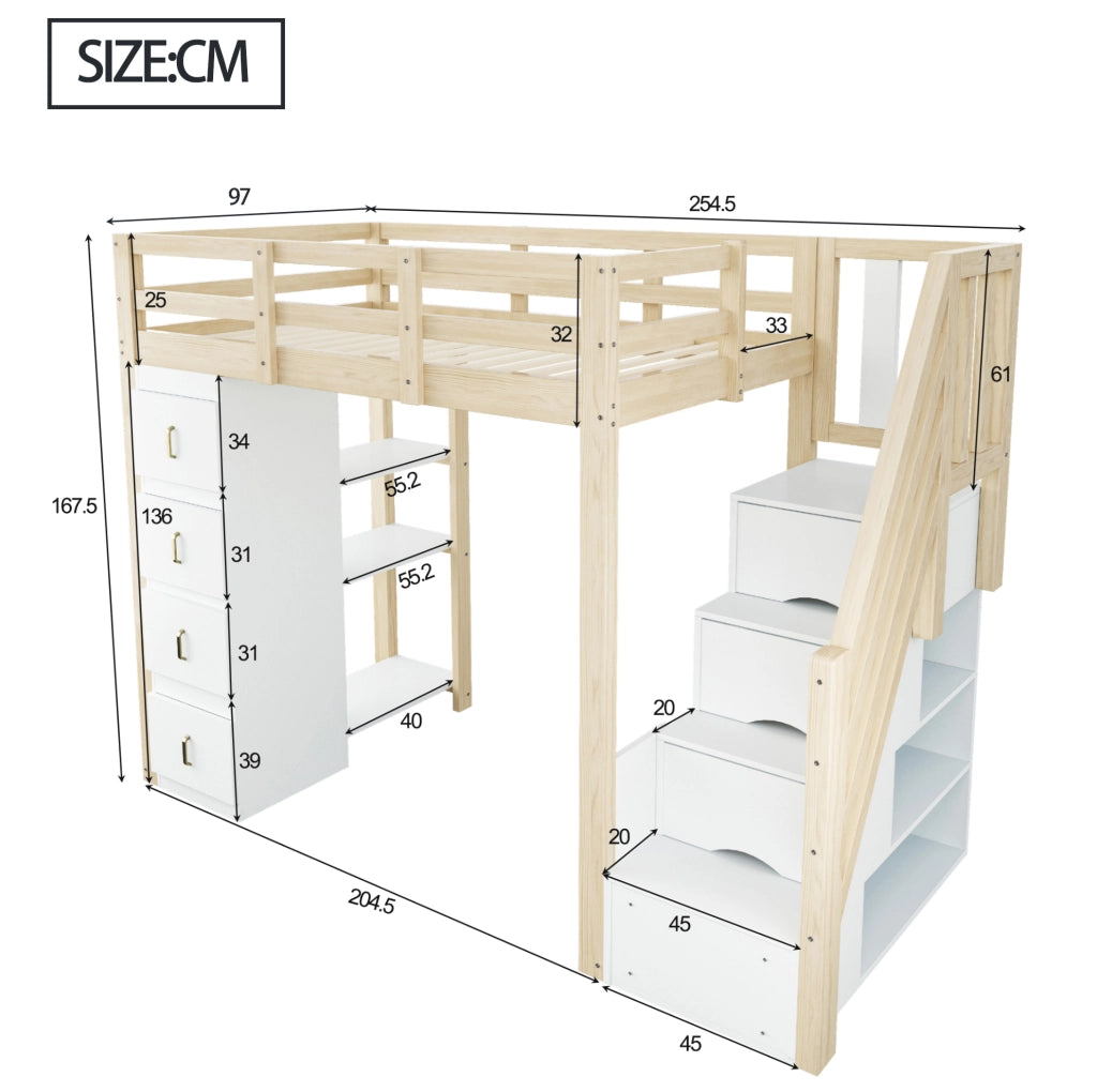 Letto a soppalco 90x200 cm in legno naturale con 4 cassetti; scaffale a 3 ripiani e scala laterale