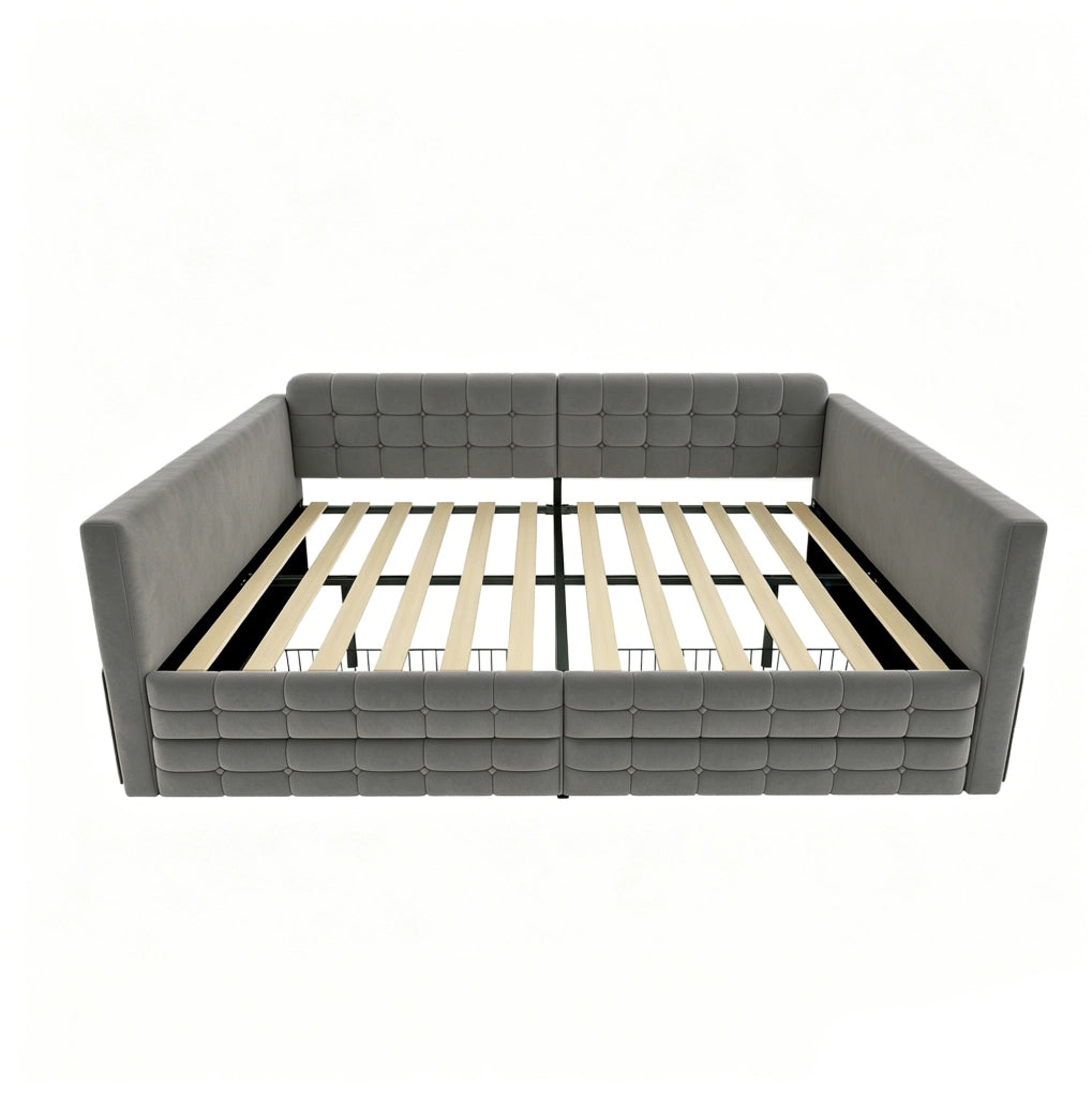 Letto imbottito 140x190 cm con cassetti e tasche laterali in velluto grigio
