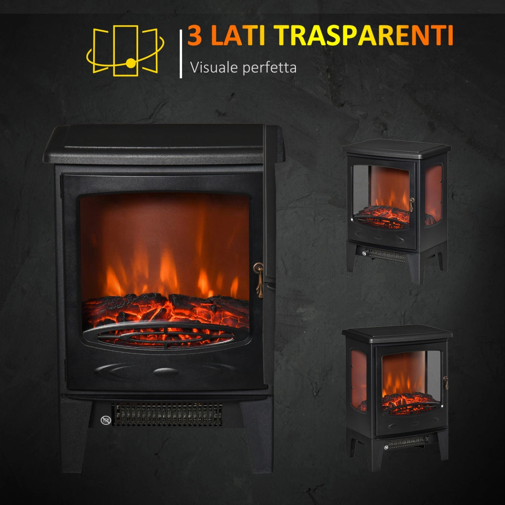 EasyComfort Camino Elettrico Effetto Fiamma e 3 Lati Aperti, Temperatura Regolabile 900W-1800W, Protezione da Surriscaldamento, Copertura 20-25m², 39x26x54.8cm, Nero