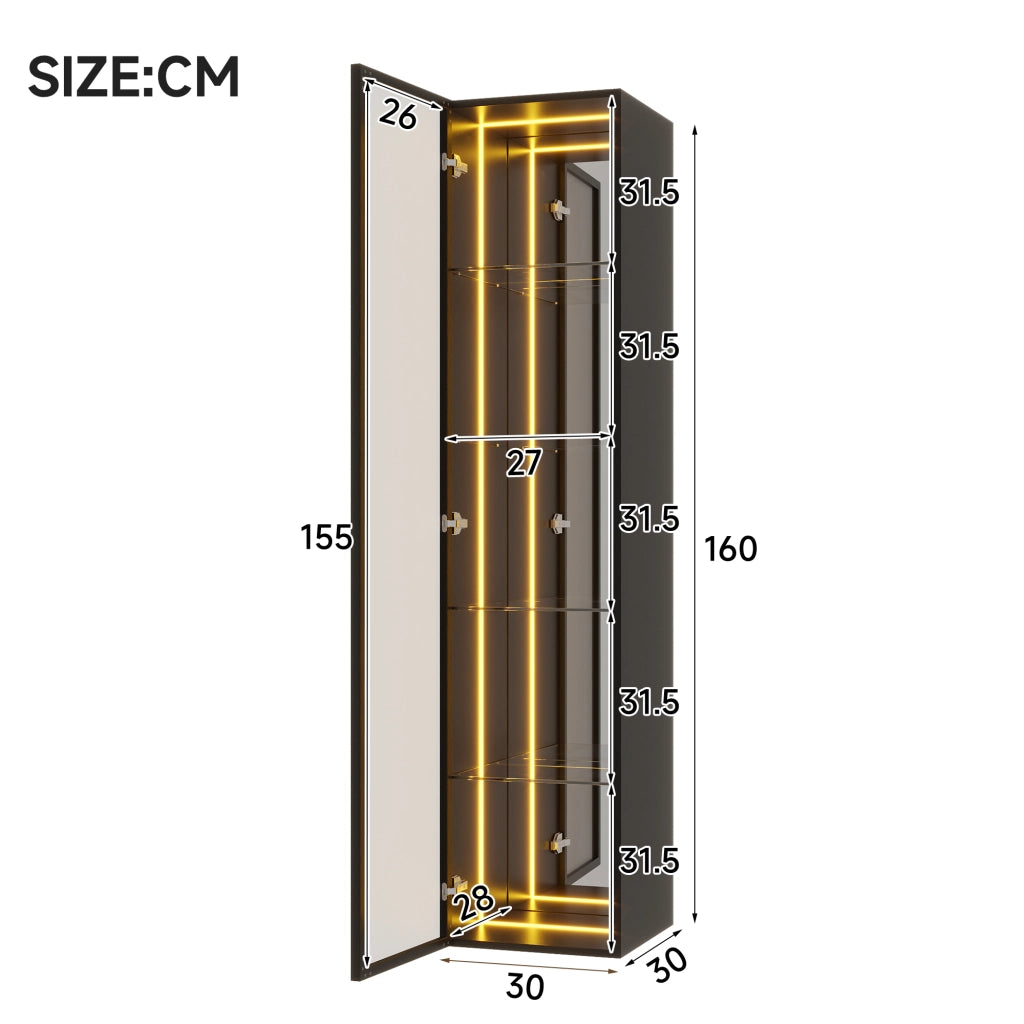 Vetrina con LED 1 anta 5 vani e ripiani regolabili in vetro temperato alluminio e MDF nero 30 × 30 × 160 cm