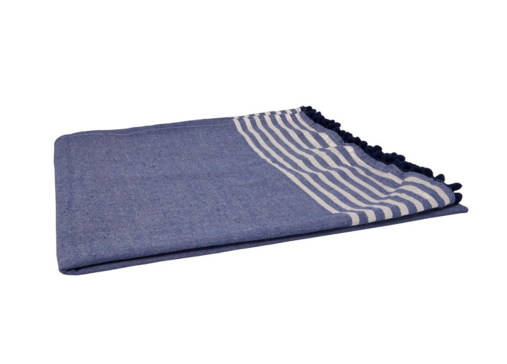 Telo Mare Fouta Spiaggia 100% Cotone Modello Lurex Con Pon Pon - Telo Mare - Blu