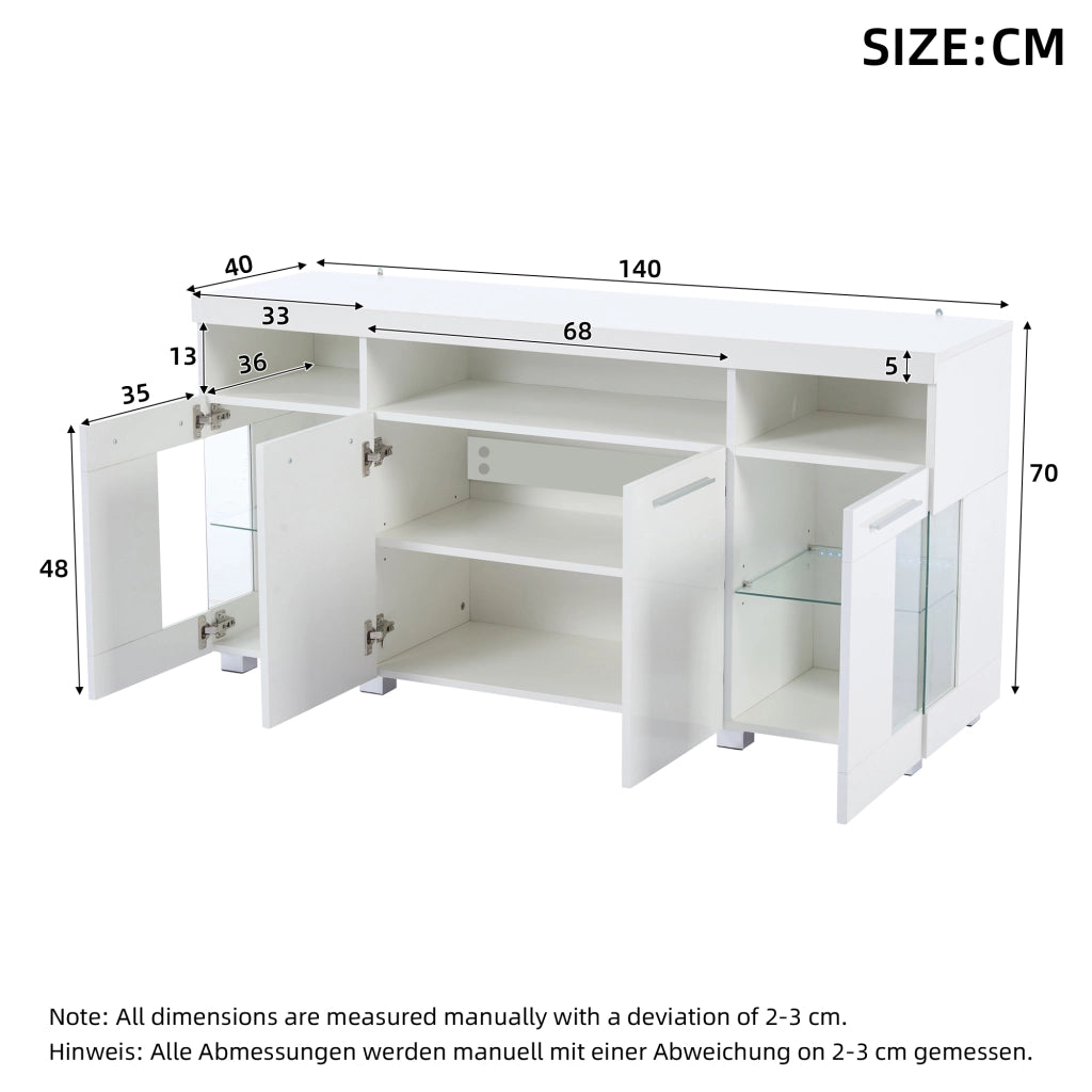 Credenza e madia con LED e ante in vetro temperato, 3 cassetti e 6 vani, per soggiorno, bianco, 140 × 40 × 70 cm