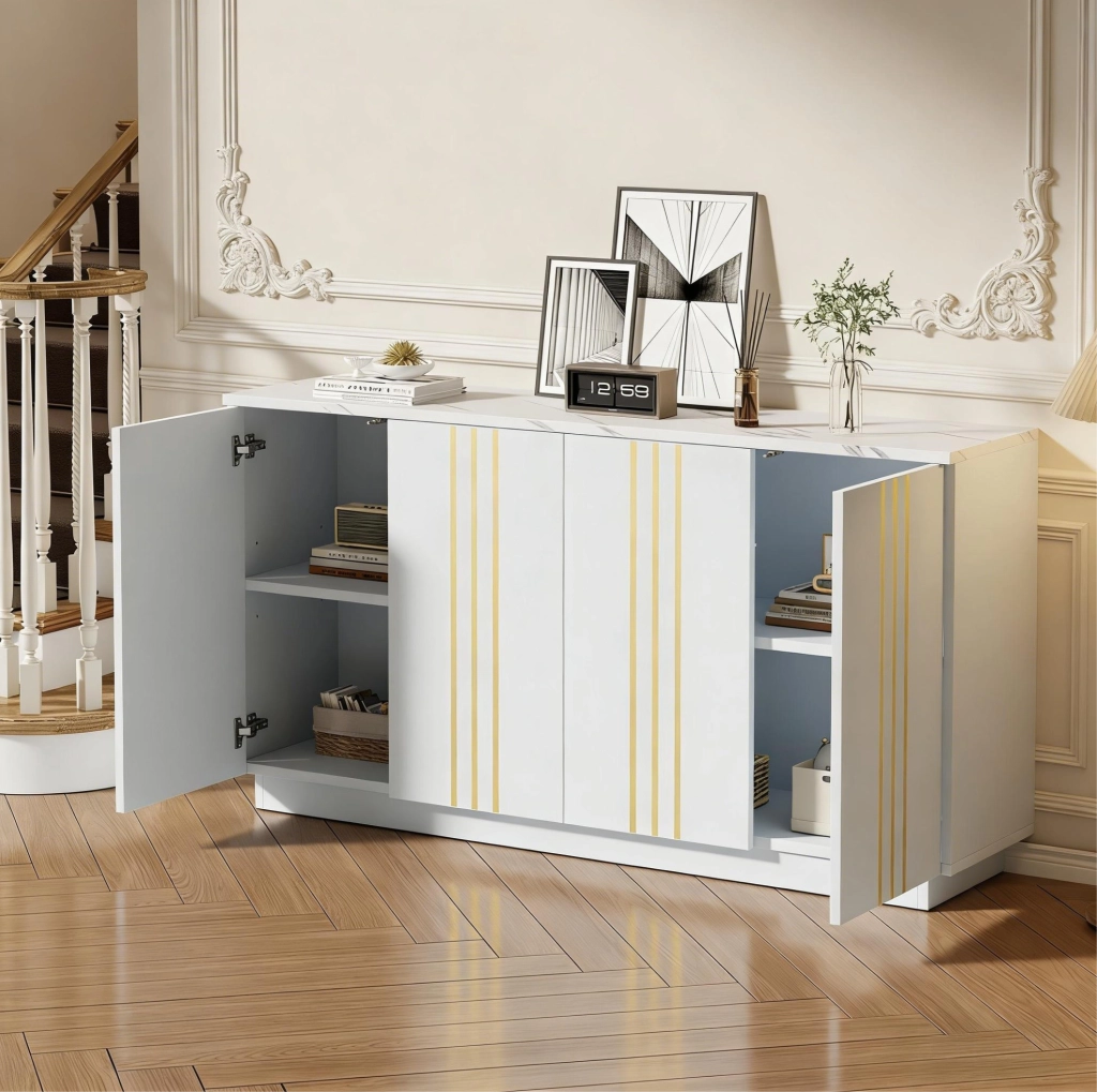 Credenza bianca e oro a 4 ante, 35 x 140 x 70 cm