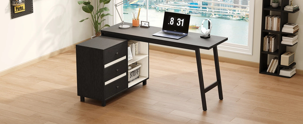 Scrivania angolare con 3 cassetti e 2 vani aperti in MDF e acciaio per ufficio e studio nero bianco 150 × 100 × 76 cm