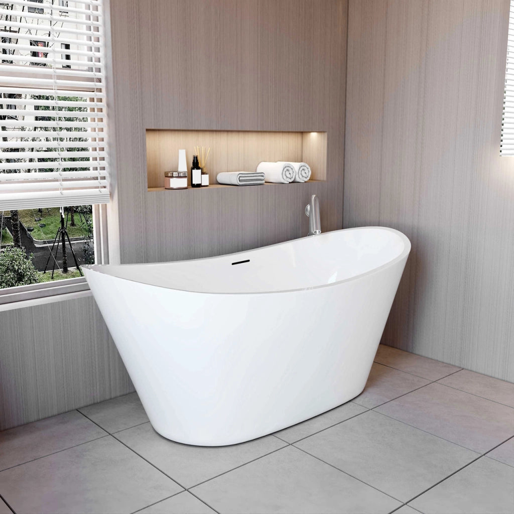 Vasca da Bagno a Isola Freestanding in Acrilico da 150x72x65 cm, Colore Bianco, Forma di Barca Ovale