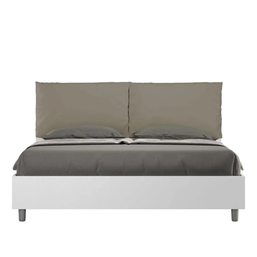 Letto matrimoniale contenitore 160x190 bianco frassino cuscini similpelle cappuccino Egos Antea