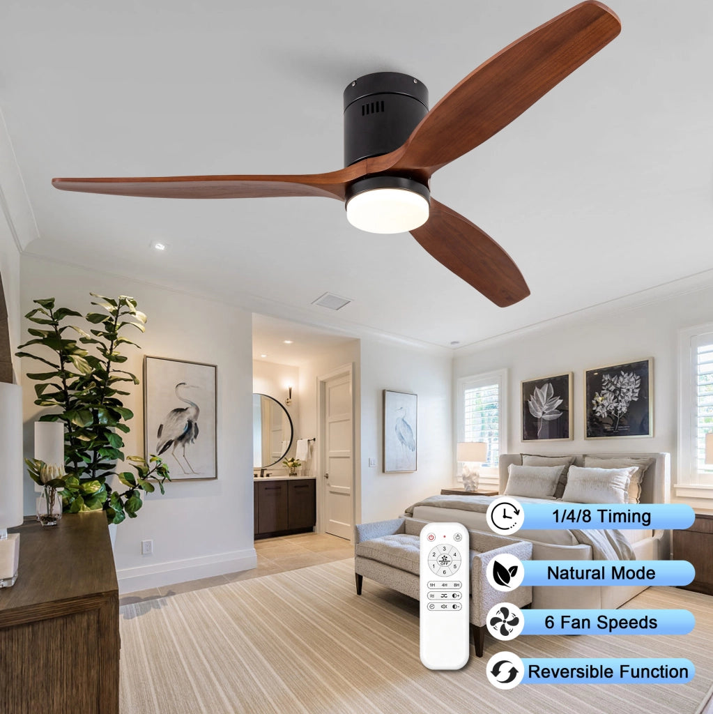 Ventilatore da soffitto 52" a 3 pale in legno massello con LED dimmerabile; nero e noce scuro