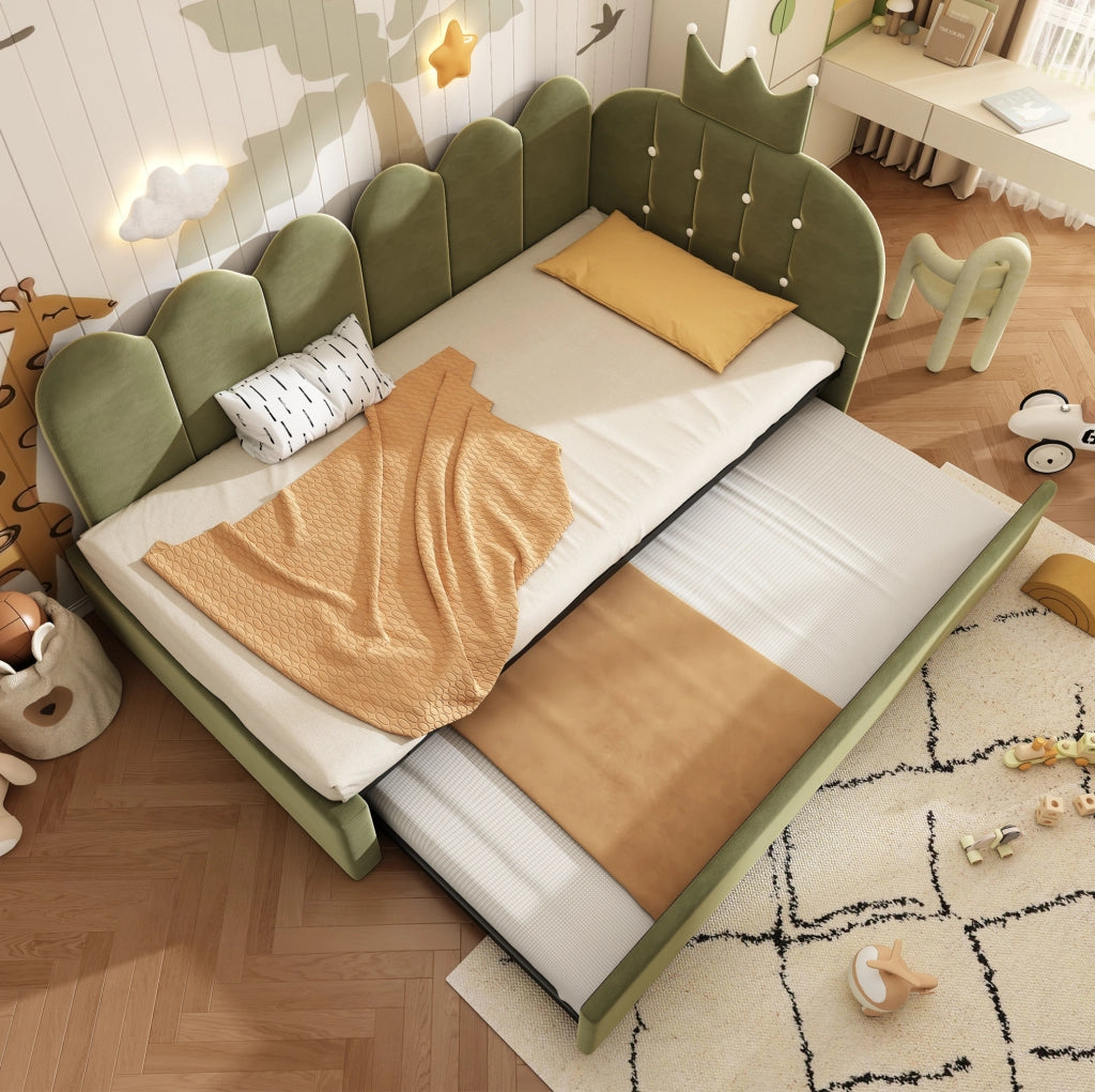 Letto daybed con letto estraibile 90x200 cm in velluto verde; design a corona