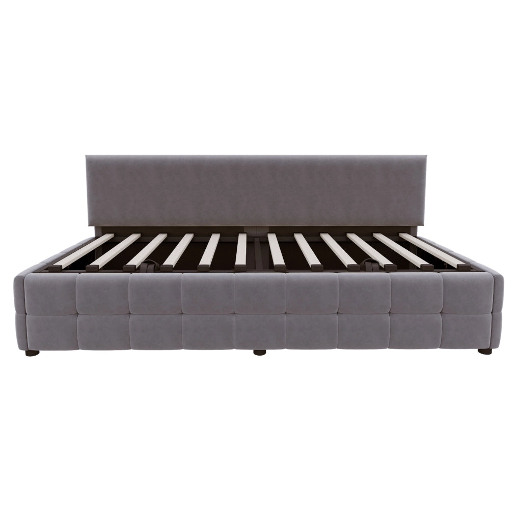 Letto singolo imbottito 90x200 cm con contenitore idraulico e rete a doghe; grigio