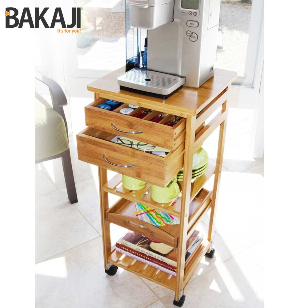 Carrello da Cucina In Legno Bambu 3 Ripiani 2 Cassetti Portaposate Vassoio Ruote