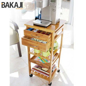 Carrello da Cucina In Legno Bambu 3 Ripiani 2 Cassetti Portaposate Vassoio Ruote