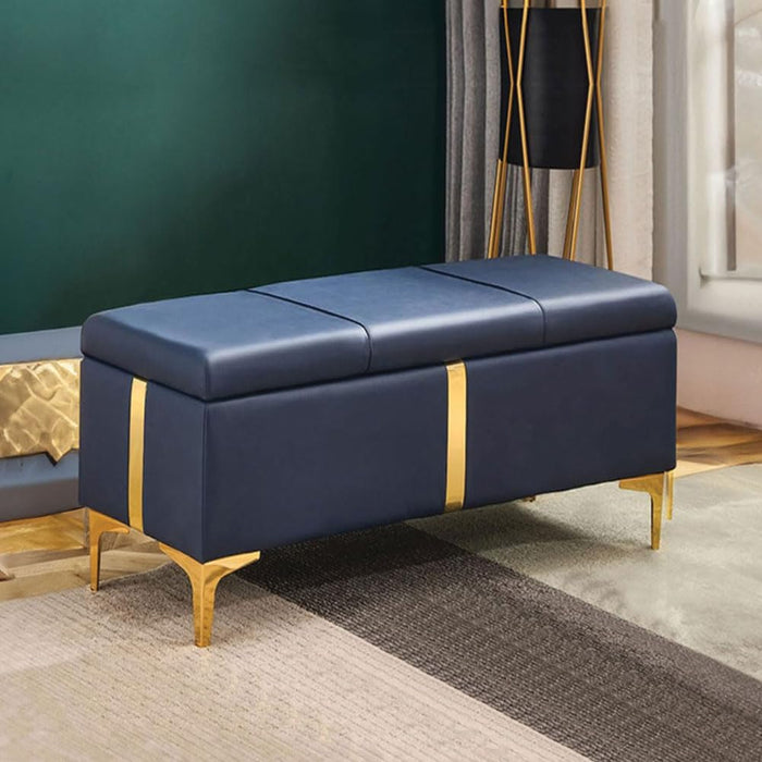 Cassapanca Contenitore Blu in Ecopelle con Piedini in Metallo Oro Panca Pouf