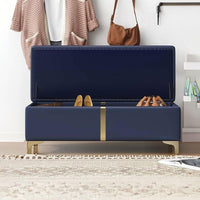 Cassapanca Contenitore Blu in Ecopelle con Piedini in Metallo Oro Panca Pouf
