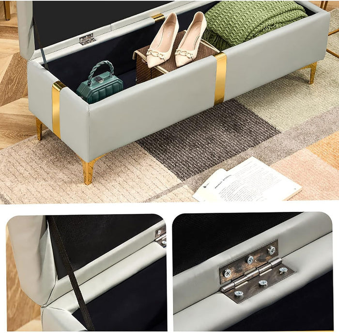 Cassapanca Contenitore Blu in Ecopelle con Piedini in Metallo Oro Panca Pouf