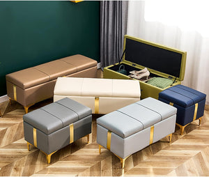 Cassapanca Contenitore Blu in Ecopelle con Piedini in Metallo Oro Panca Pouf