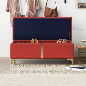 Cassapanca Contenitore Rosso in Ecopelle con Piedini in Metallo Oro Panca Pouf