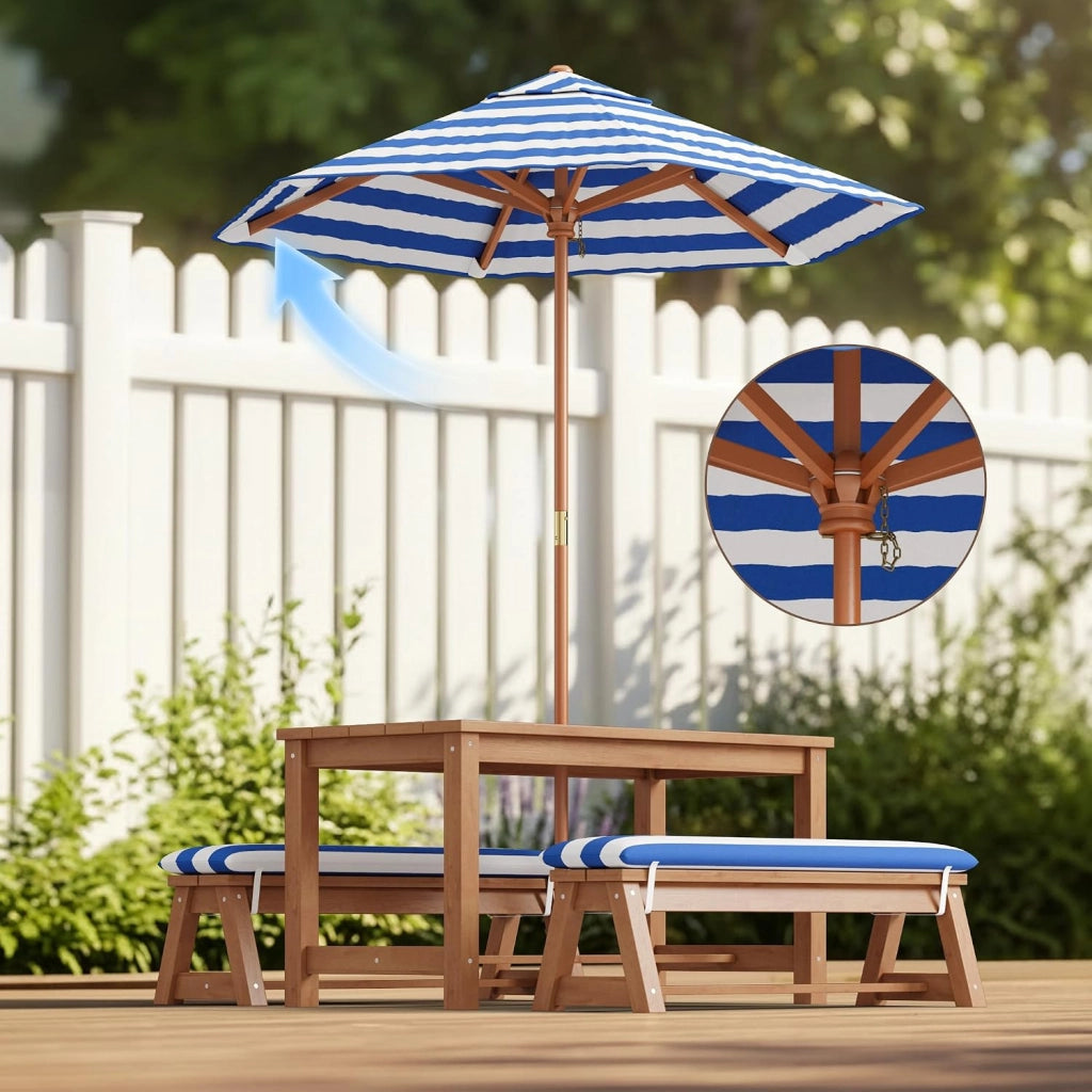 Set da giardino per bambini con parasole, set da esterno con cuscini, tavolo per bambini,tavolo da gioco per cortile,giardino, portico,patio,Blu