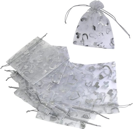Set di Portafogli da 10 - Portafogli in Organza - Bustine Regalo - Motivi a Cuore Argento - Chiusura a Cerniera - 100x120 mm
