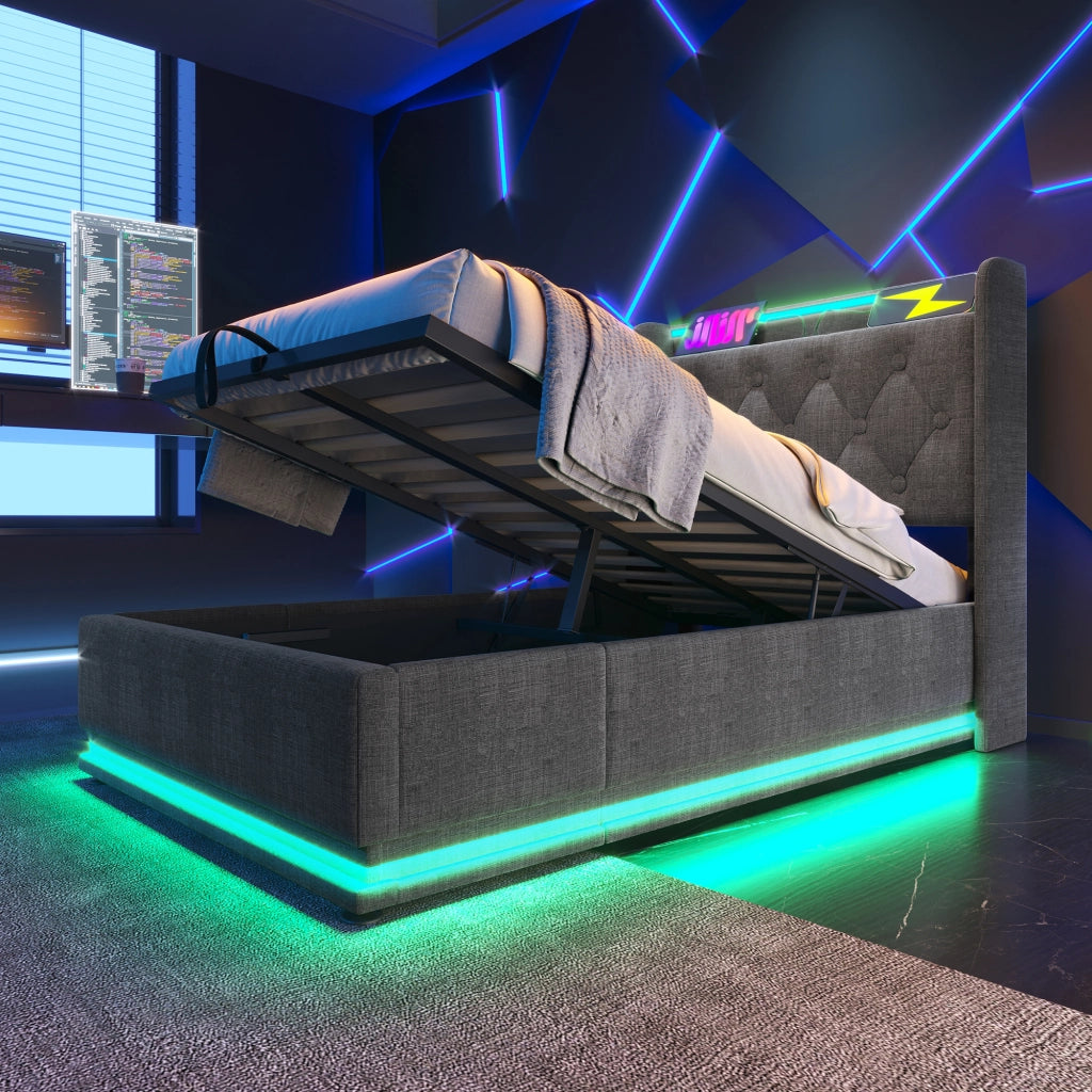 Letto singolo – 90x200 cm – LED 360° APP USBC con materasso – lino grigio
