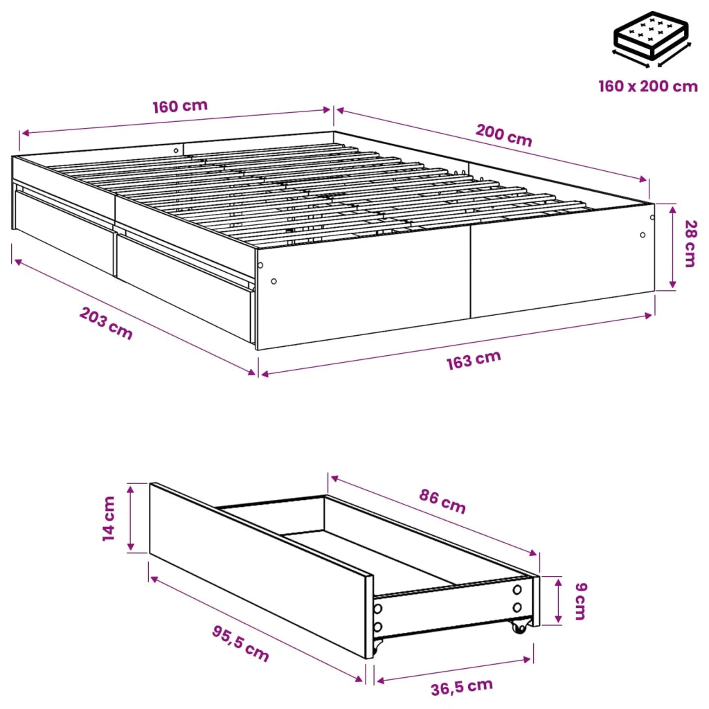 Giroletto Cassetti Grigio Cemento 160x200 cm Legno Multistrato 3280646
