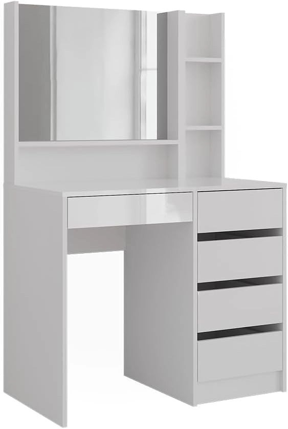 Tavolo da toeletta Sherry, Bianco/bianco lucido, 89.8 cm 3 parti, con grande specchio per la routine cosmetica quotidiana