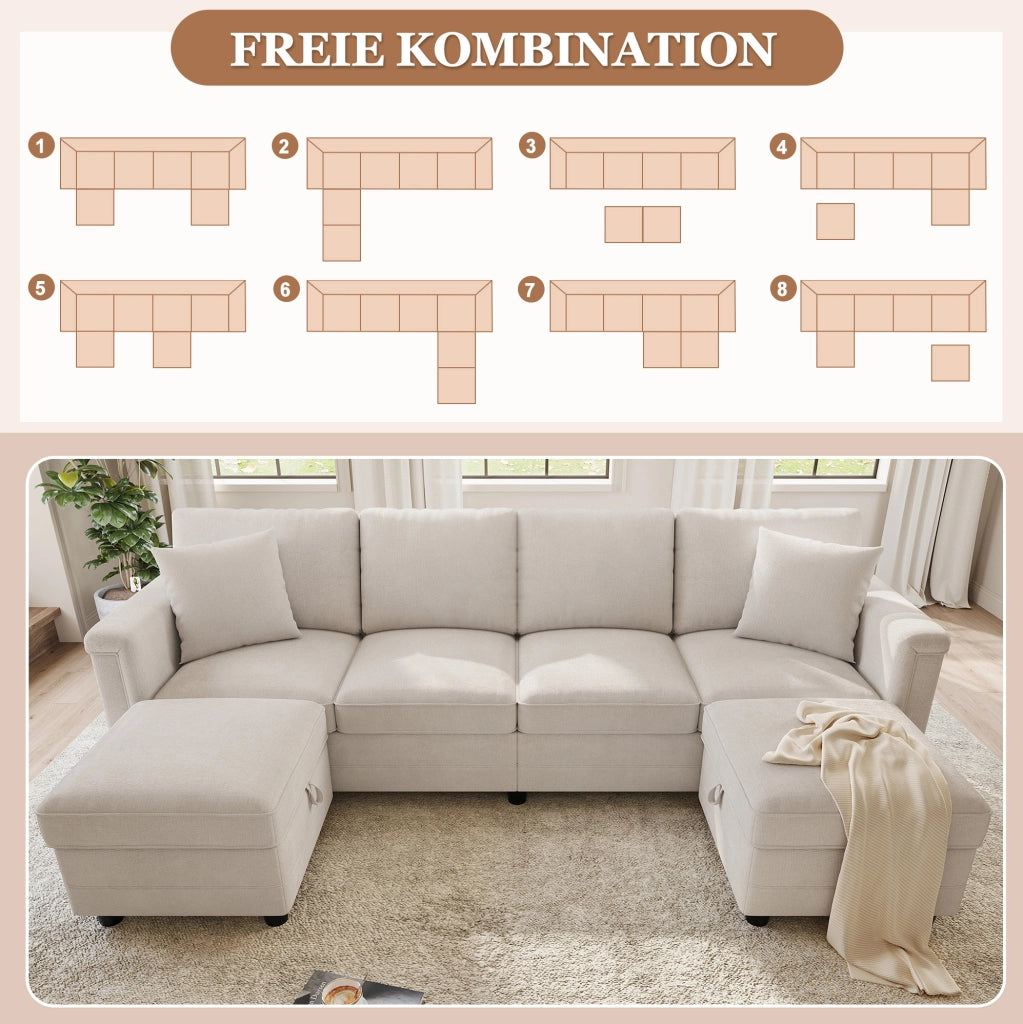 Divano modulare in ciniglia con 2 pouf contenitore; USB e Type-C; 261x134x82 cm; beige