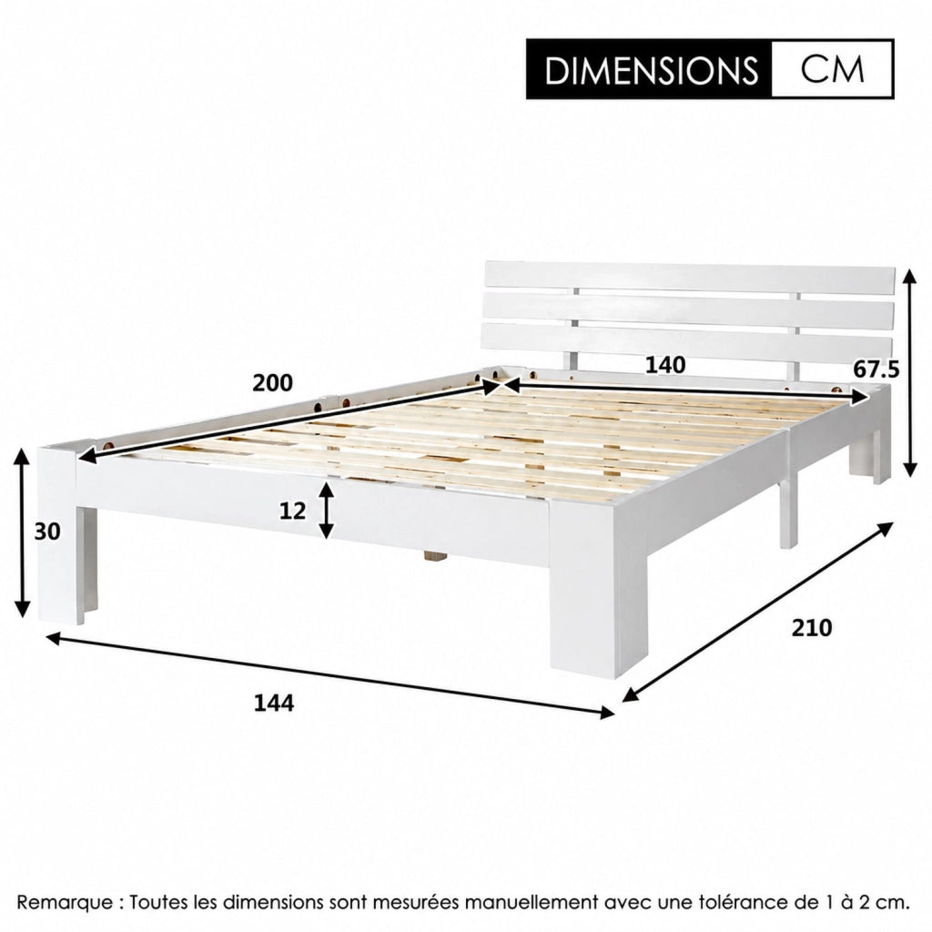 DESMIU Letto Matrimoniale 140 × 200 cm con testiera, senza materasso, in legno massiccio, bianco