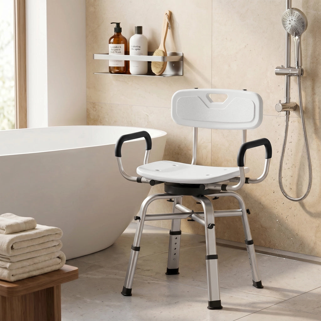 Sedia per Doccia Girevole ad Altezza Regolabile con Braccioli. Schienale. Capacit¨¤ 150 kg. Bianco