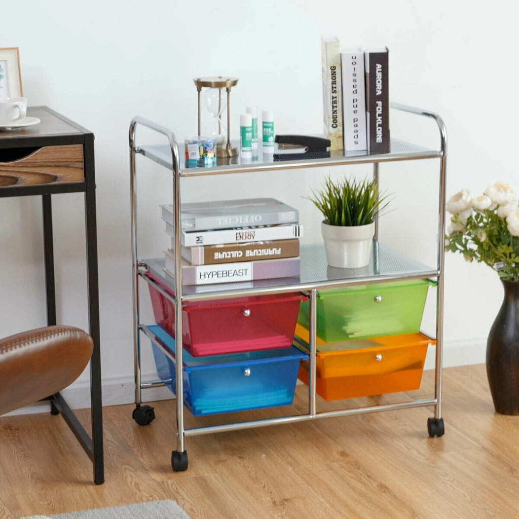 Carrello multiuso con ruote-Carrello con 4 cassettiere e 2 piani per cucina bagno 58,5x37x75cm Colorato