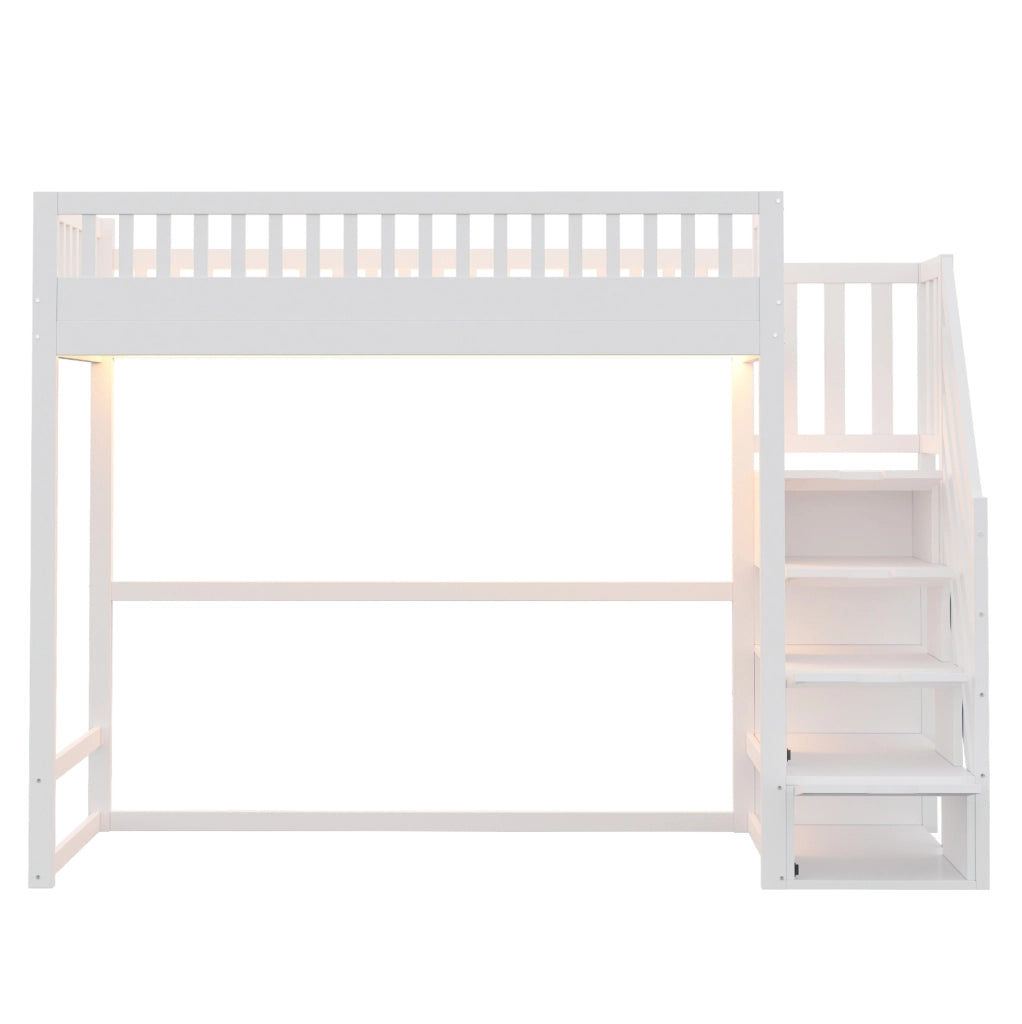Letto a Castello in Legno di Pino 90x200 cm con Scaletta di Sicurezza e LED, Bianco