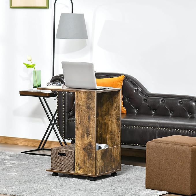 Tavolino da Salotto e Comodino Design a C, Mensola e Vano Laterale, 60x40x70cm