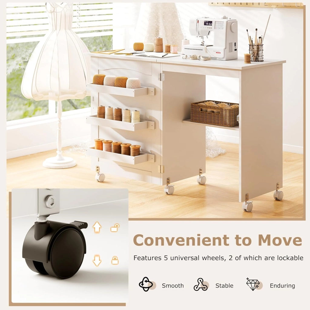 Tavolo da Cucito Pieghevole con Ruote, Mobile per Macchina da Cucire con 4 Ripiani Aperti e Ampio Piano di Lavoro, Ideale per Soggiorno, Camera da Letto e Sala Hobby (Bianco)