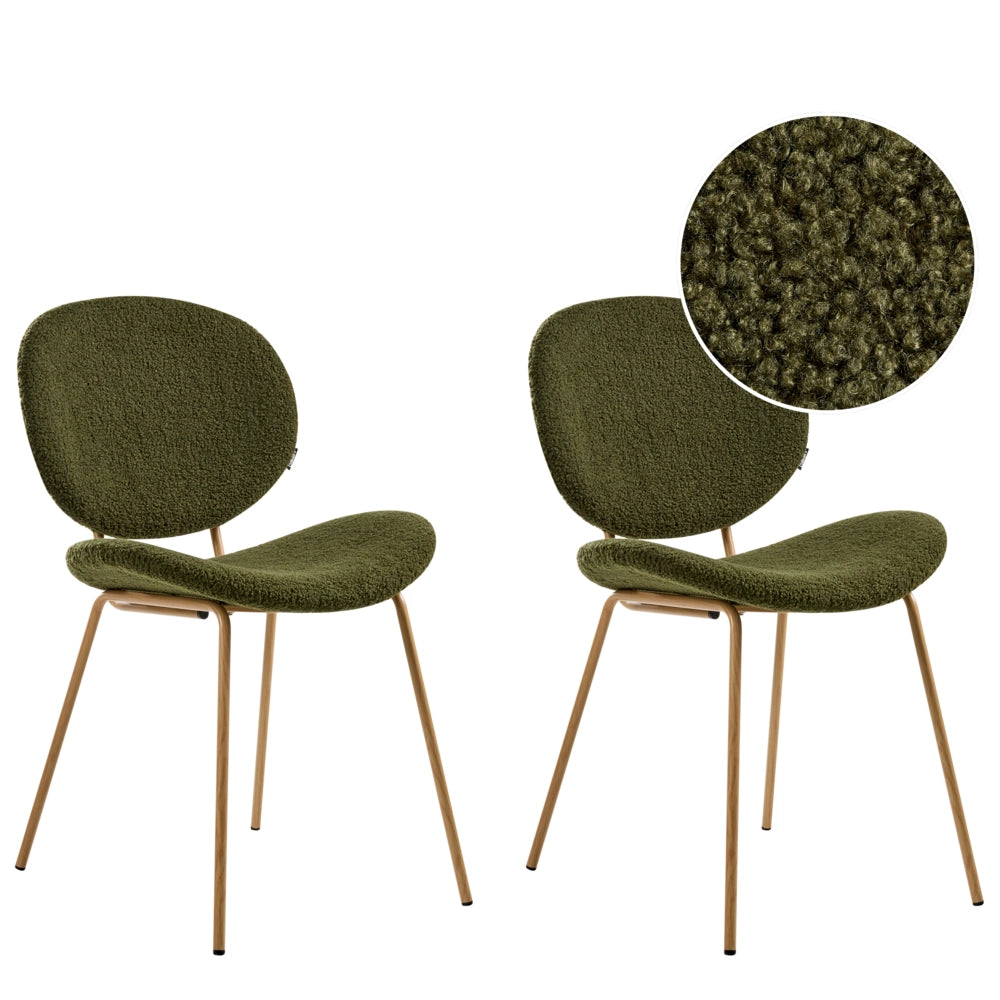 Set di 2 sedie Boucle con gambe effetto legno senza braccioli e tappi per gambe design retrò sedute da sala da pranzo verde scuro