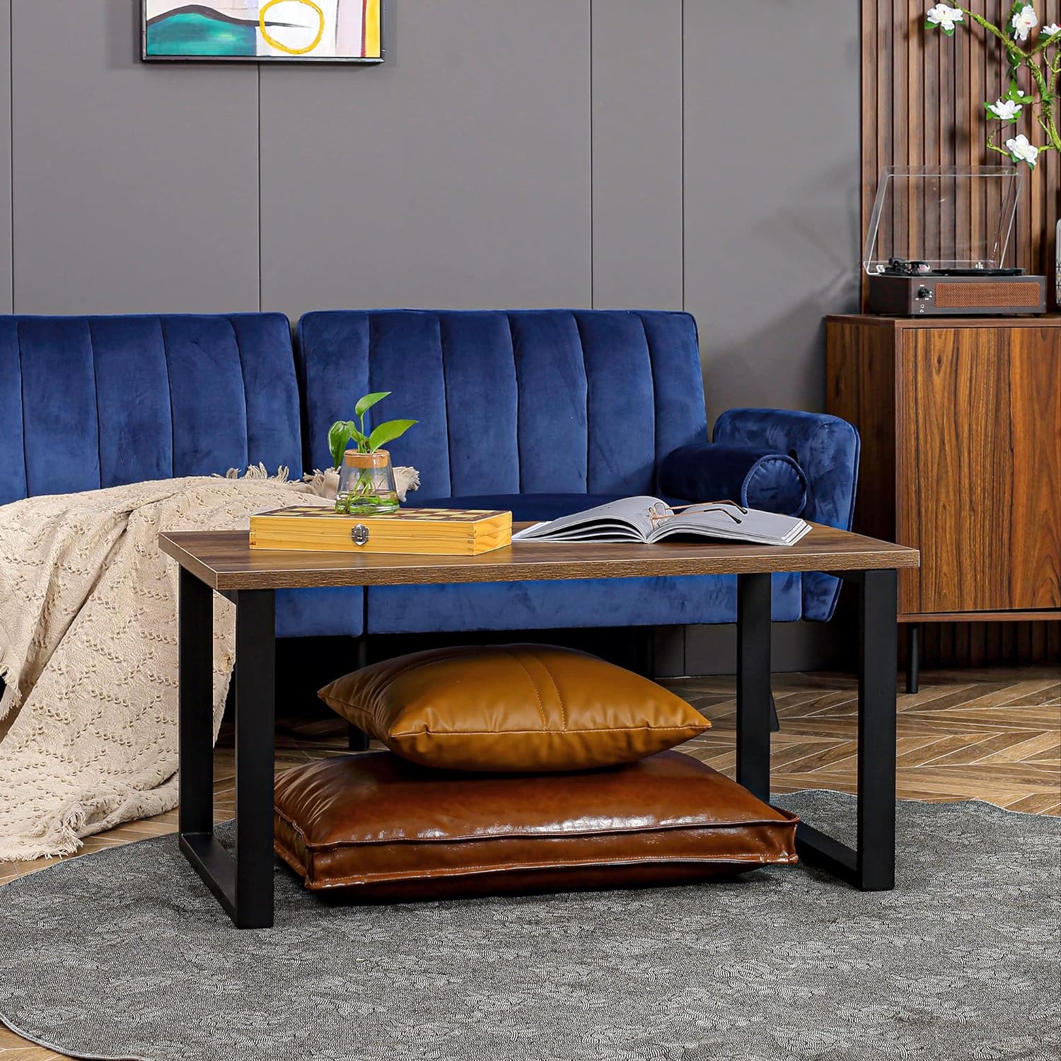 Tavolino da Caffè Stile Industriale in Legno e Acciaio, 100x60x50cm