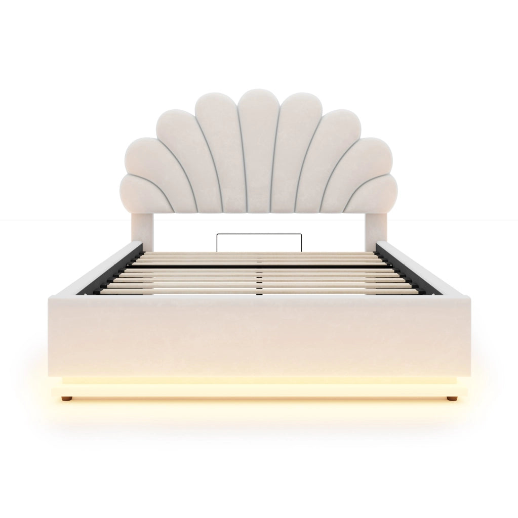 Letto imbottito beige 140 x 200 cm con vano contenitore e luci LED