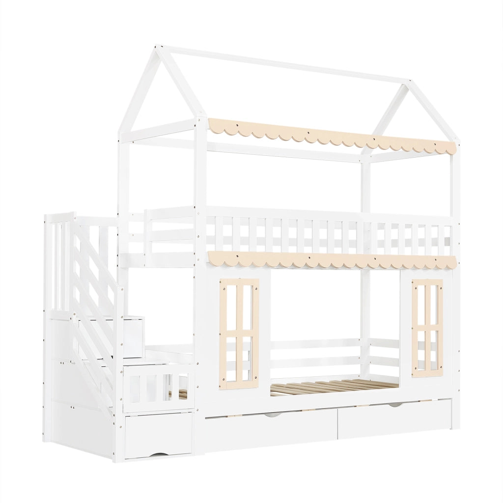 Letto a Castello 90 x 200 cm - Scala con Contenitore e 2 Cassetti - in Legno - Bianco e Naturale