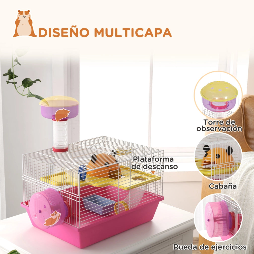 Gabbia per Criceti con Torre Osservazione e Ruota ¨C Zephmum ¨C Rosa 34x27x25 cm