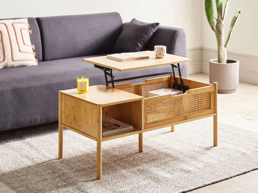 Tavolino da caffè in bambù naturale e rattan 99 x 48 cm con piano d'appoggio per il soggiorno in stile Boho