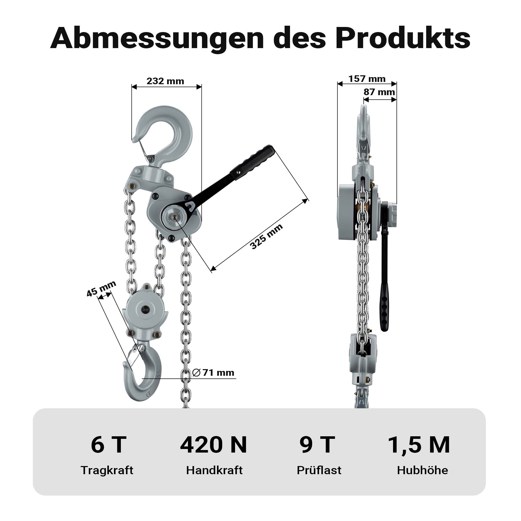 Mini paranco a catena manuale VM6 fino a 6 t, altezza di sollevamento di 1,5 m, in alluminio, per il sollevamento di carichi pesanti