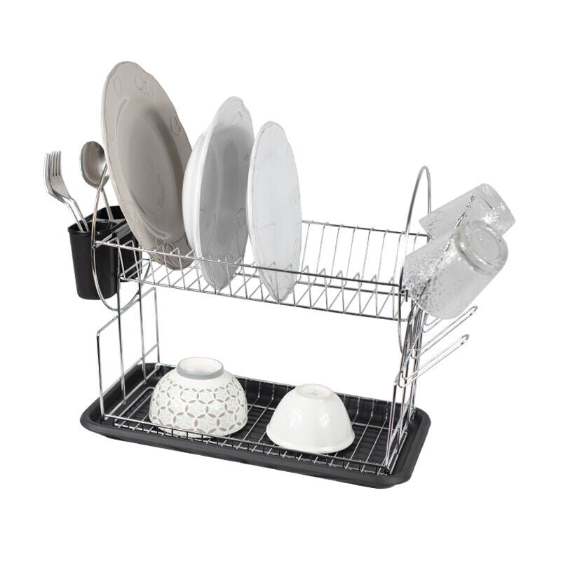 Scolapiatti 2 Ripiani Con Vassoio D'appoggio e Portaposate (51x24x36cm) Cromo