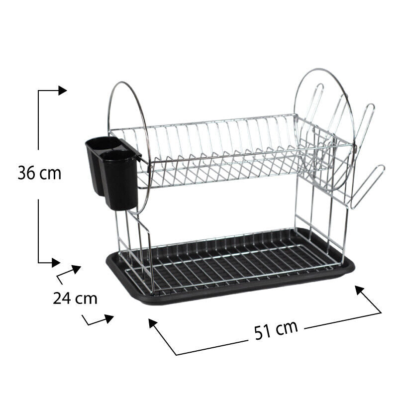 Scolapiatti 2 Ripiani Con Vassoio D'appoggio e Portaposate (51x24x36cm) Cromo