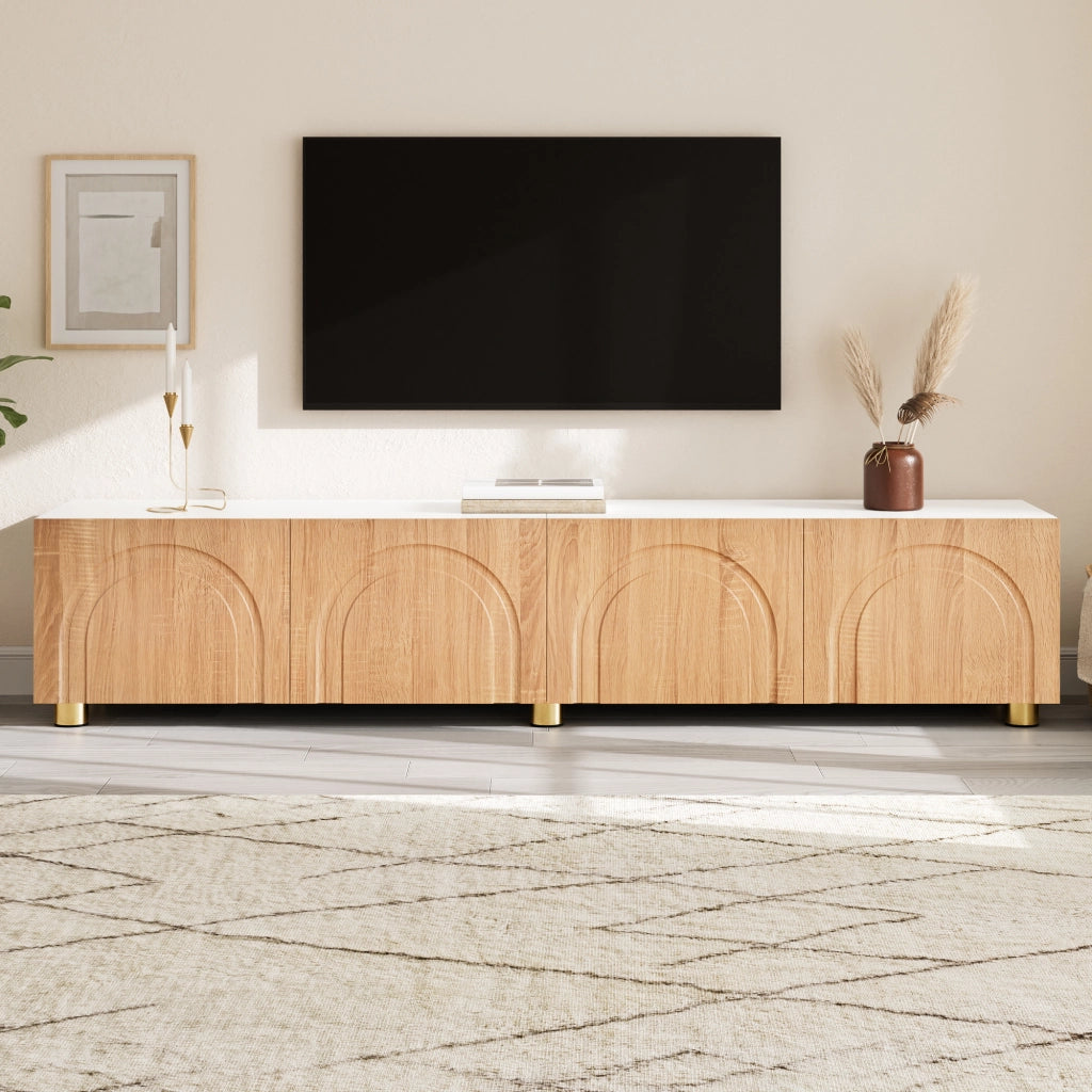 Mobile porta TV con 4 ante e rilievo ad arco, piedi in metallo, per soggiorno, in MDF e truciolare, 180 × 35 × 40 cm