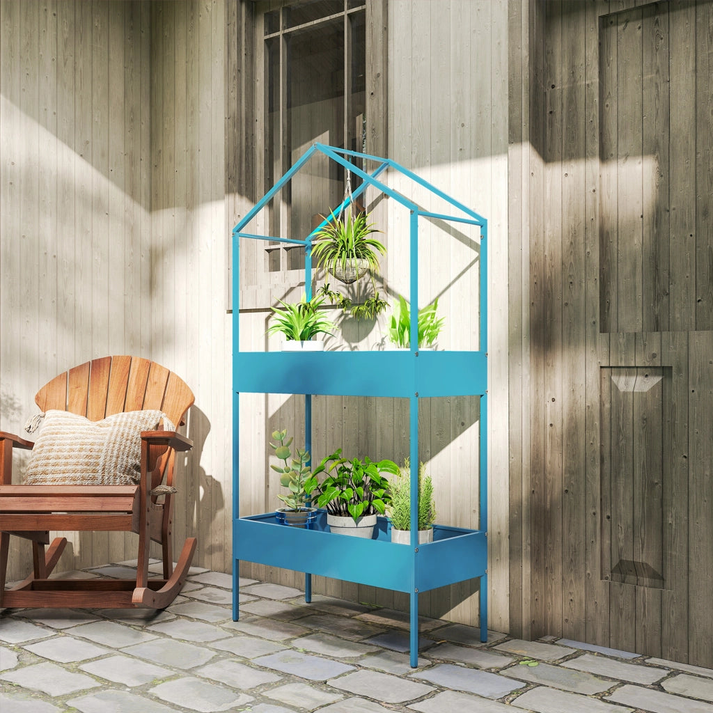 Portavasi a 2 Livelli in Metallo a Forma di Casetta con Gancio, 75x35x150 cm, Blu Verde