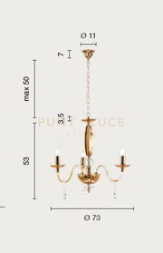 LAMPADARIO CECILIA 3 LUCI VETRO E CRISTALLO TORTORA E TRASPARENTE ATTACCO E14 D.73CM