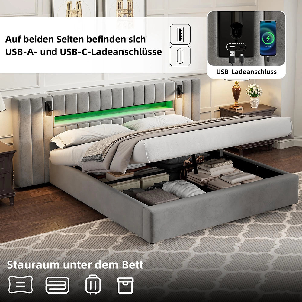 Letto-Xylo-180x200 cm-USB, LED, lampada, spazio idraulico, velluto grigio