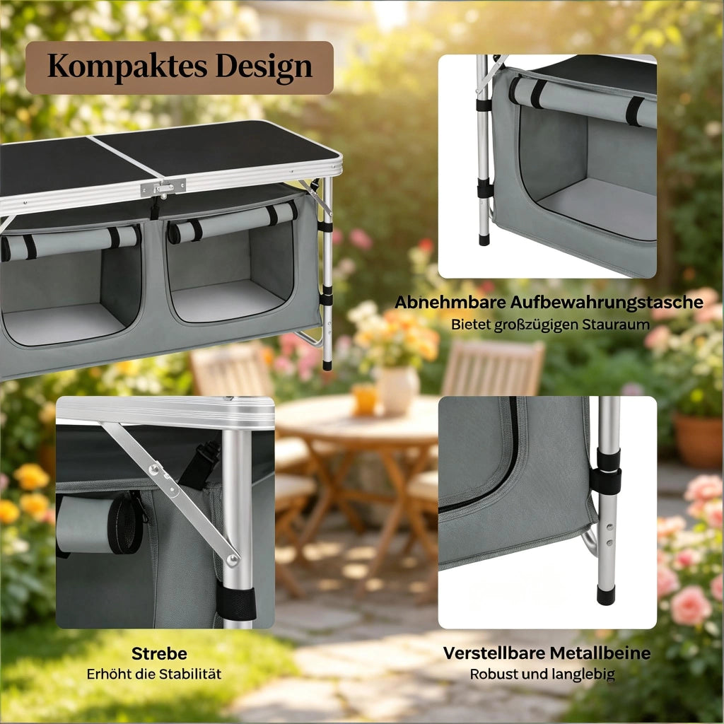 TAVOLO PIEGHEVOLE DA CAMPEGGIO 120 x 47 cm ALUMINIO MDF NERO/GRIGIO