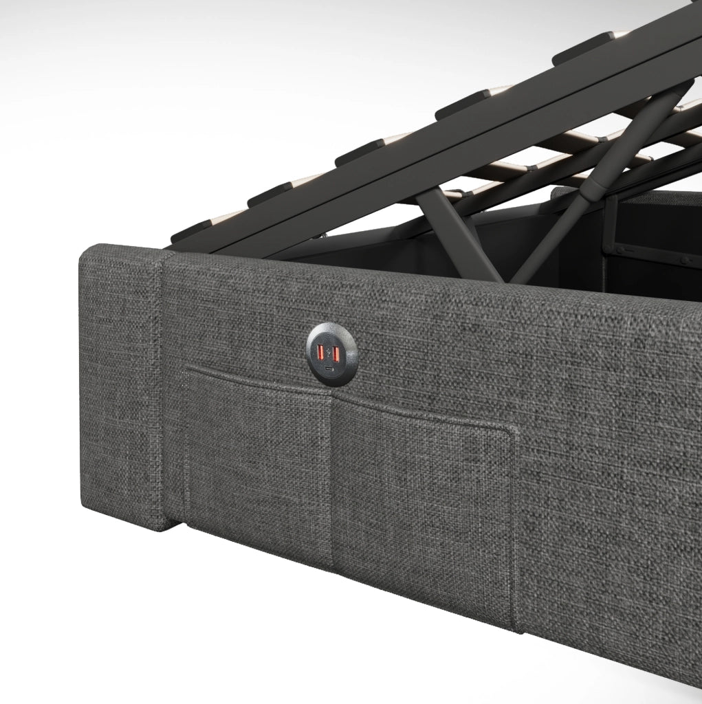Letto imbottito 140 x 200 cm con vano contenitore idraulico; LED; USB e Type-C; grigio